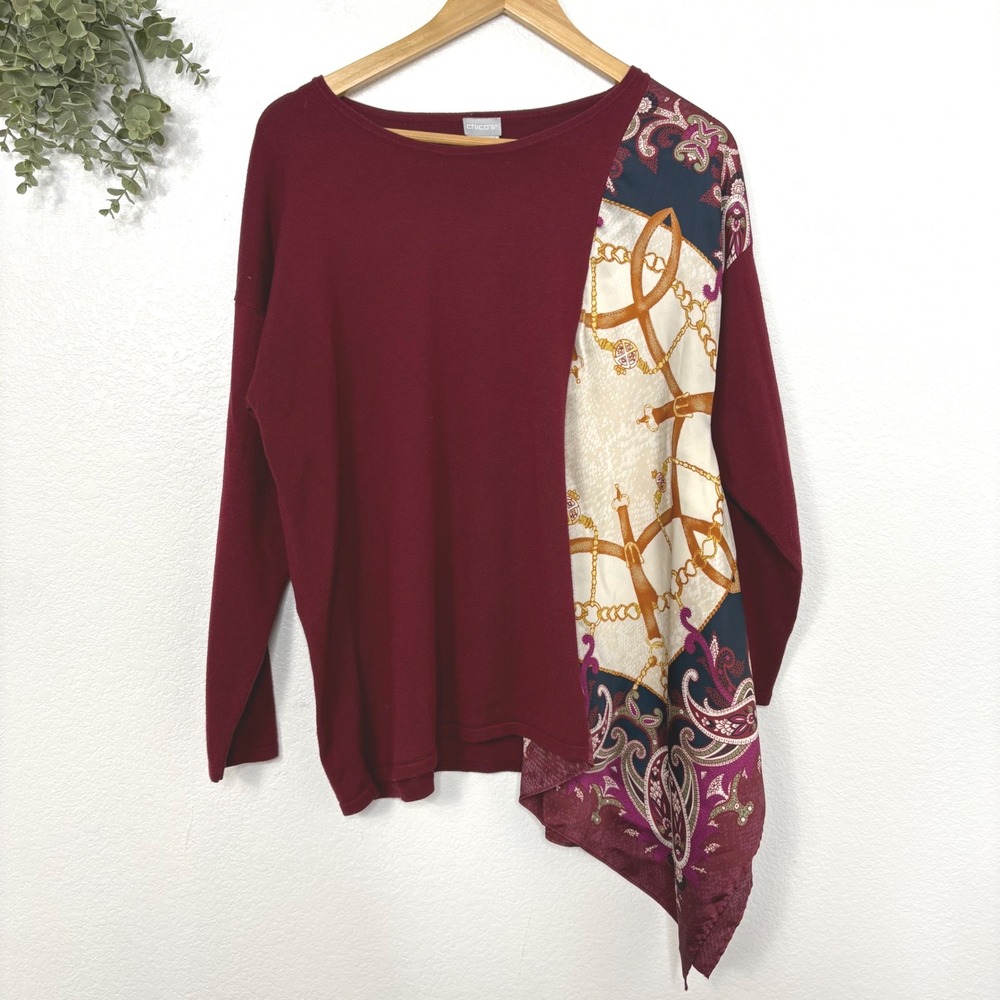 Chicos Womens Burgundy Long‎ Sleeve Asymmetrical Scarf Print Sweater Top Size  L
